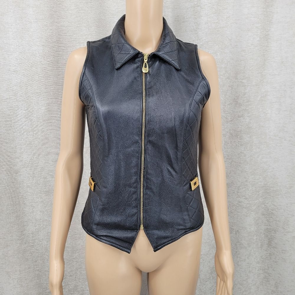 St. Maarten Vintage Women's Black Leather Vest Sleeveless Jacket Quilted Gold